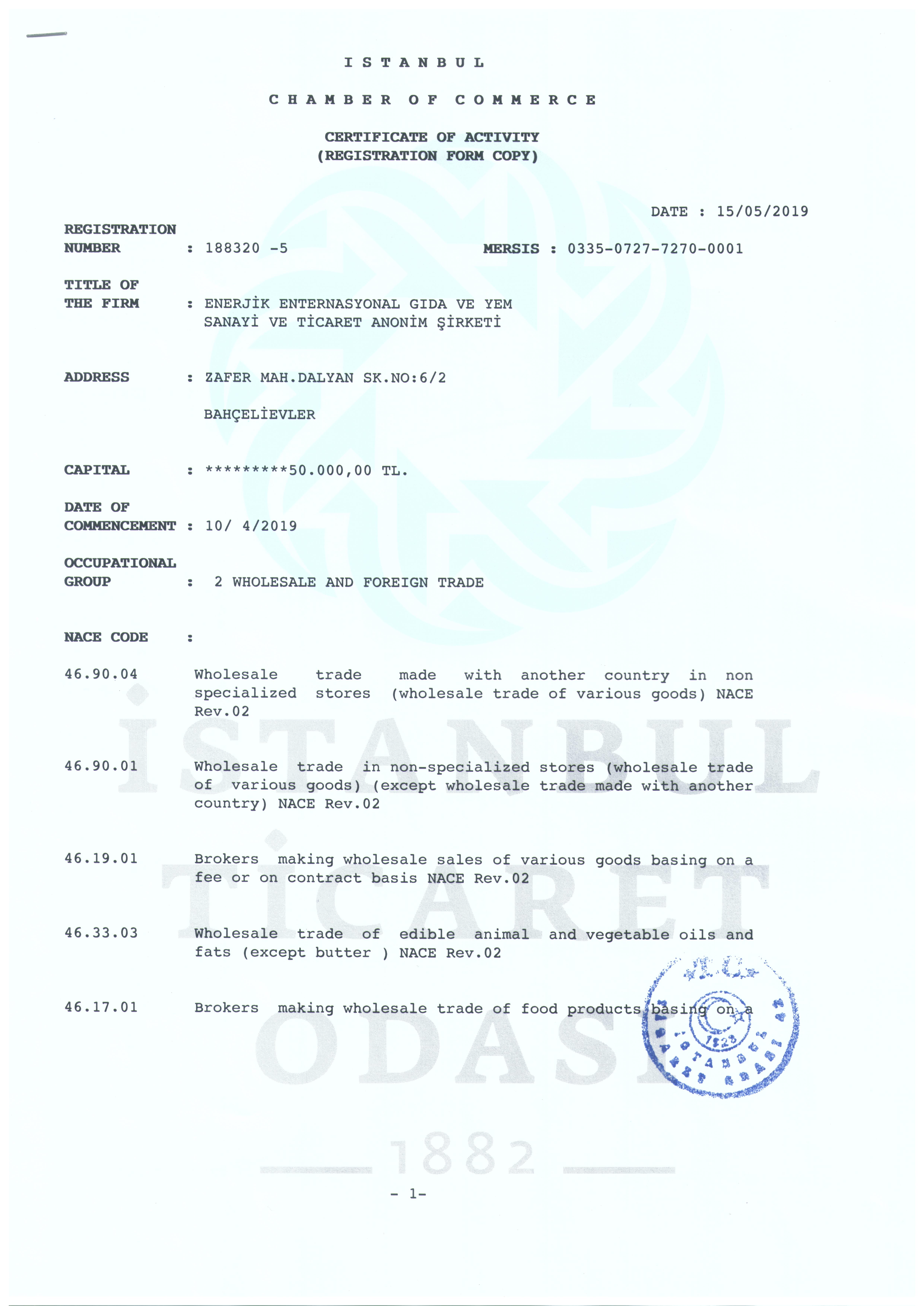 Istanbul Chamber of Commerce Certificate of Activity